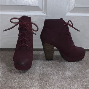 Burgundy lace up ankle booties